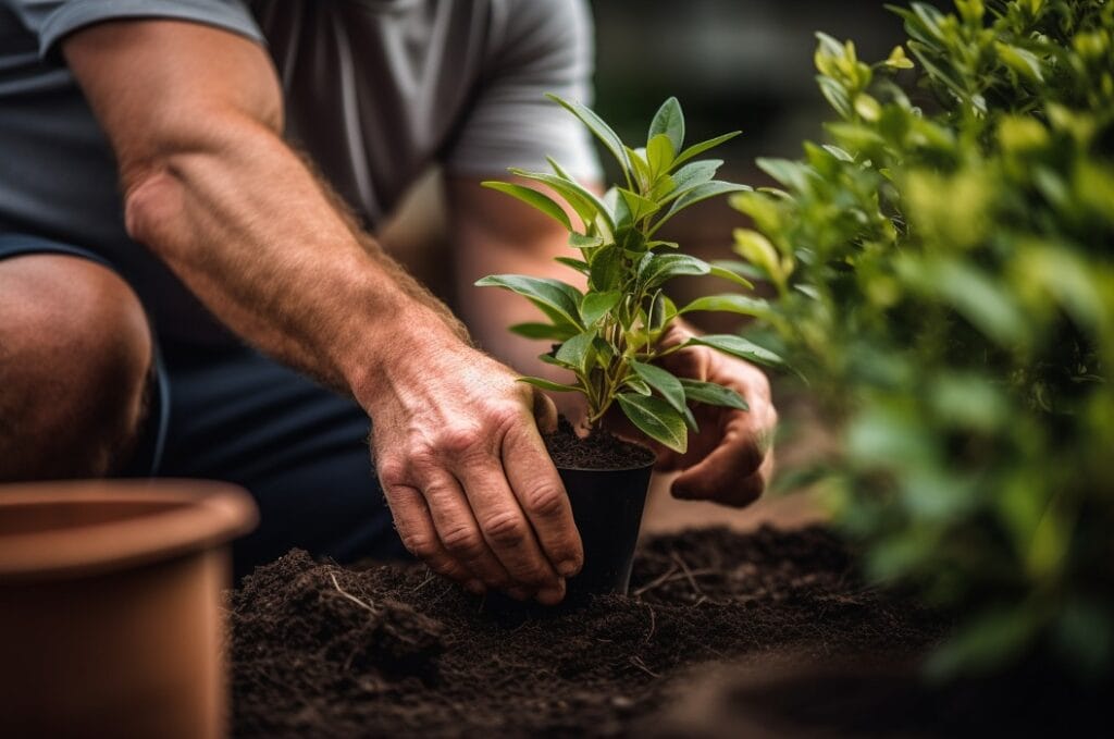 Serene Moments in Gardening: A Vibrant, High-Resolution Photograph of a Focused Gardener